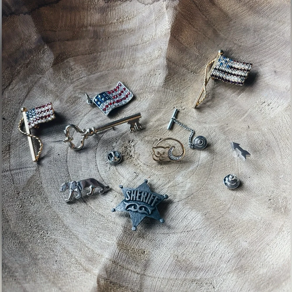 8pc Vintage Brooch & Pin Lot - Avon, Penn State, Western Button Cover